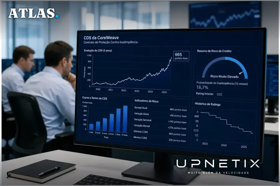 Tela financeira com gráficos de CDS da CoreWeave e profissionais analisando dados