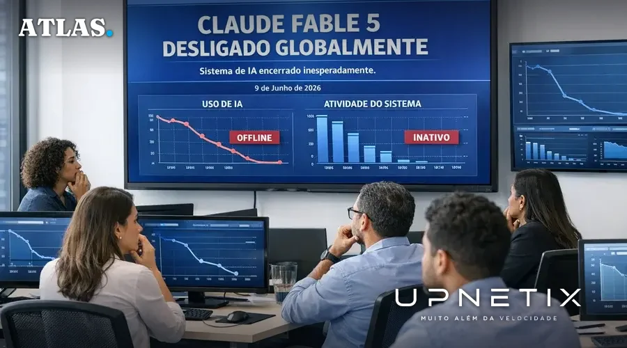 Profissionais de TI brasileiros observando em telas a notícia do desligamento global do Claude Fable 5 em ambiente corporativo moderno.
