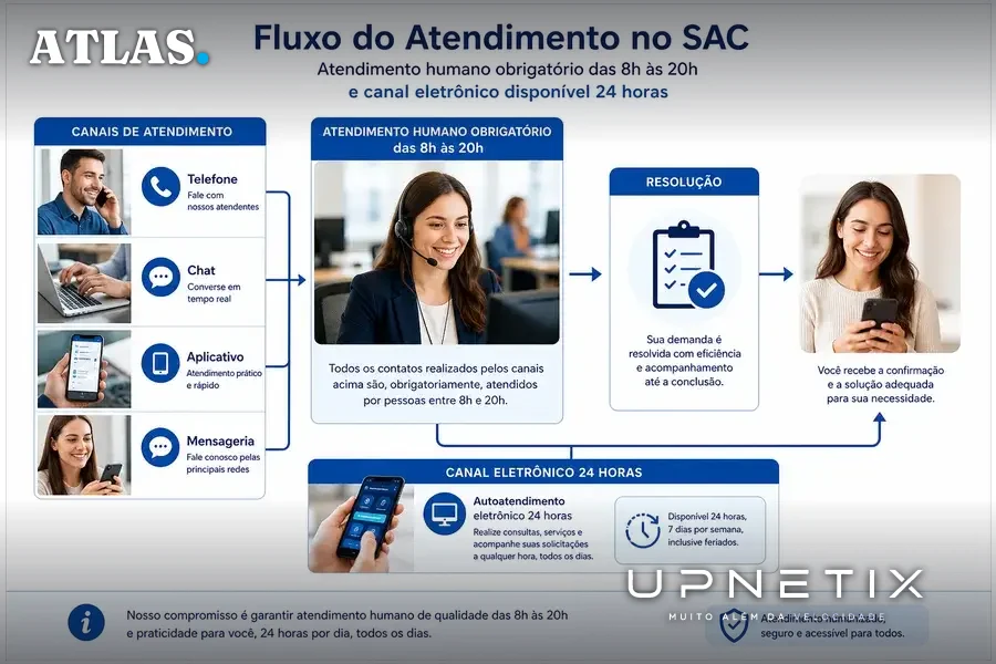 Diagrama explicativo do fluxo do SAC com atendimento humano obrigatório em múltiplos canais e atendimento digital 24h.
