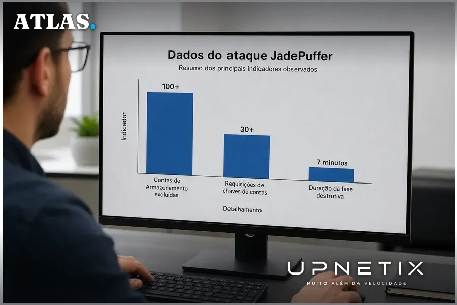 Gráfico de barras realista mostrando números-chave do ataque JadePuffer em ambiente Azure.