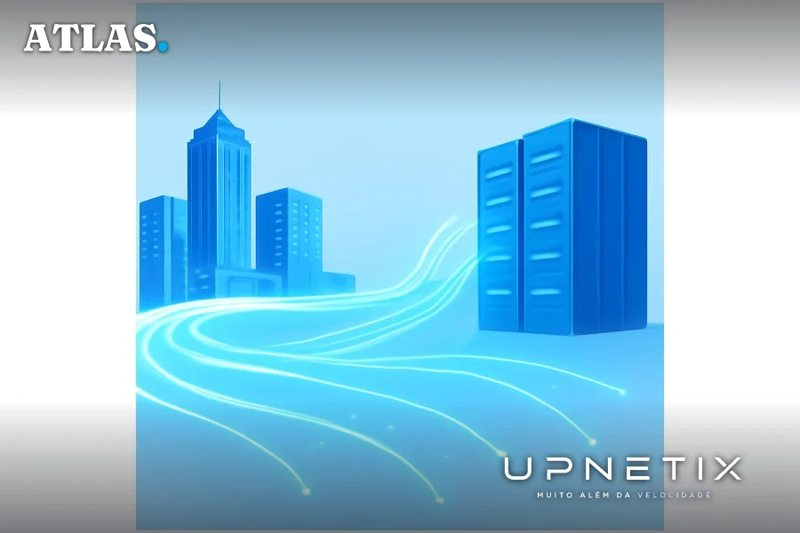 Rede de fibra conectando prédios de uma cidade a um data center