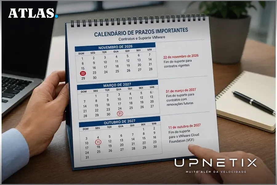 Calendário corporativo aberto destacando três datas críticas para contratos VMware