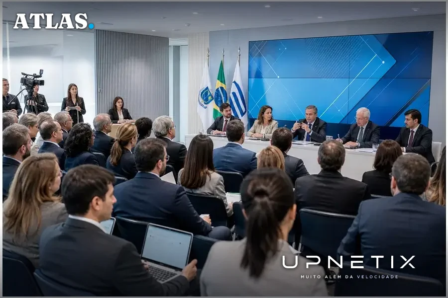 Legisladores e executivos reunidos em simpósio sobre tecnologia em auditório moderno, debatendo políticas públicas.