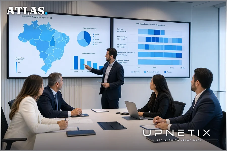 Executivos brasileiros discutindo o projeto do leilão do 6G em sala de reunião moderna