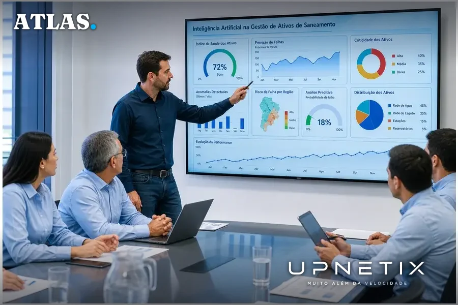 Executivos discutindo dados de inteligência artificial para gestão de ativos em saneamento