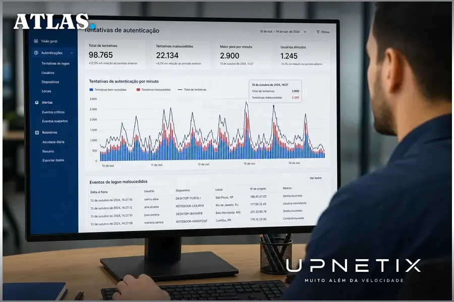 Gráfico de barras e linha mostrando picos de tentativas de autenticação automatizadas e falhas de login entre 10 e 14 de outubro.