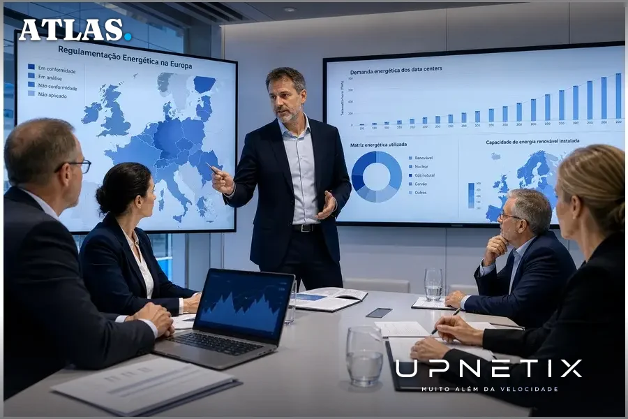 Executivos europeus reunidos em sala moderna discutindo regulamentações energéticas para datacenters com gráficos digitais ao fundo