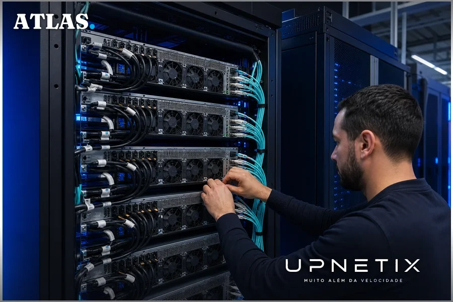 Rack de data center com múltiplas GPUs e centenas de cabos de fibra óptica conectados em ambiente realista e corporativo.