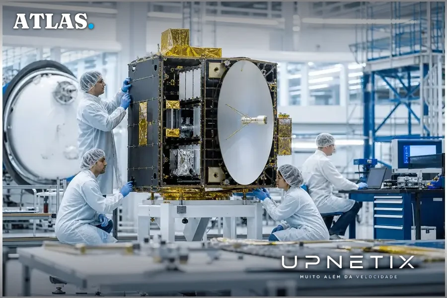 Técnicos da MDA Space trabalhando na fabricação de satélite em banda Ka em ambiente industrial moderno