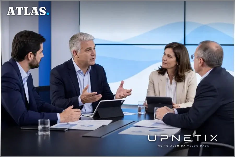 Executivos em reunião corporativa discutindo redes privativas 5G para grandes empresas