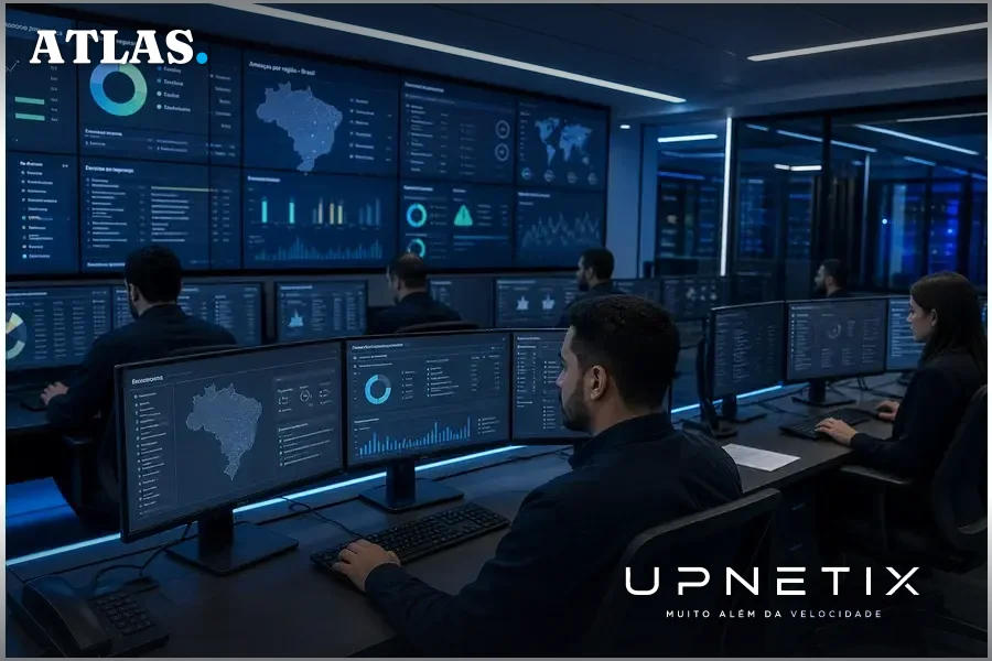 Centro de operações de segurança cibernética com analistas trabalhando em múltiplos monitores.