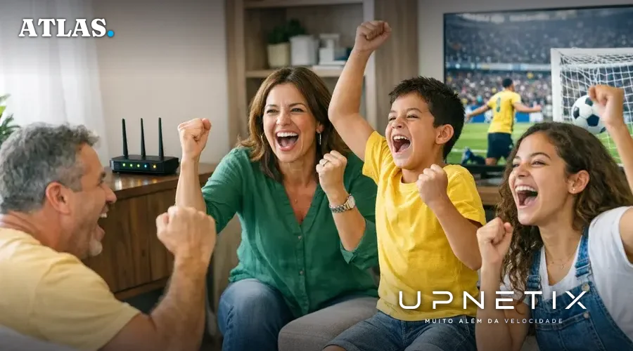 Família brasileira assiste gol ao vivo na TV em casa, enquanto o Wi-Fi transmite a imagem em tempo real.