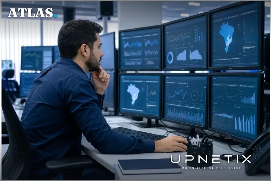 Técnico da Anatel monitorando telas com dados e gráficos em ambiente corporativo.