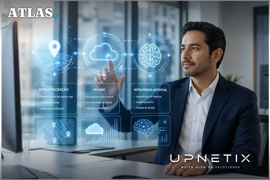 Executivo analisando tela holográfica com integração de IA, nuvem e geolocalização.
