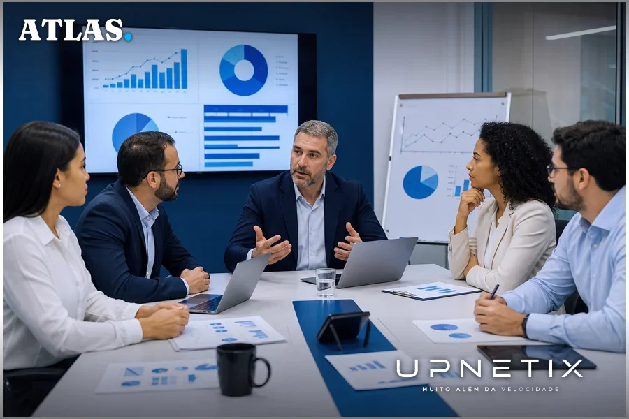 Reunião corporativa de líderes de dados discutindo governança de IA em sala de conferências moderna.