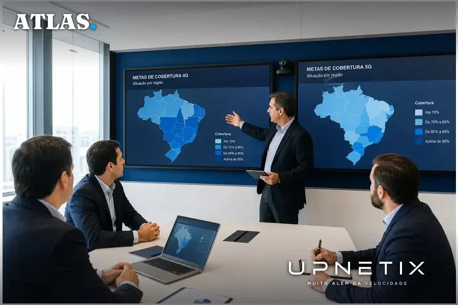 Executivos em reunião corporativa analisando mapas de cobertura 4G e 5G do Brasil