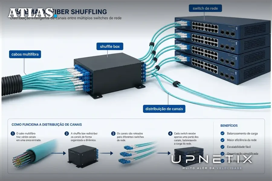 Diagrama realista mostrando o conceito de fiber shuffling dividindo conexões ópticas entre múltiplos switches em data center.