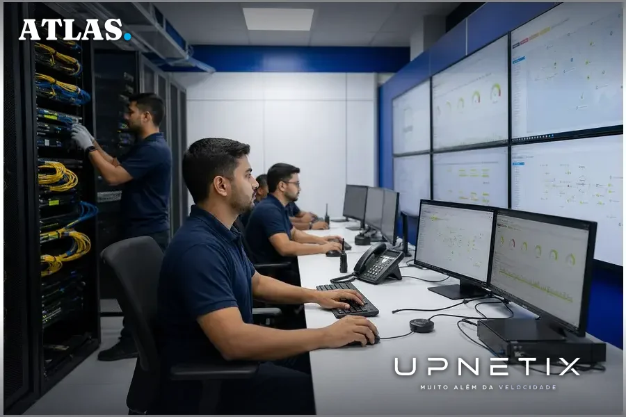 Sala técnica da Upnetix com equipe local monitorando a rede de fibra óptica e PRTG 24 horas