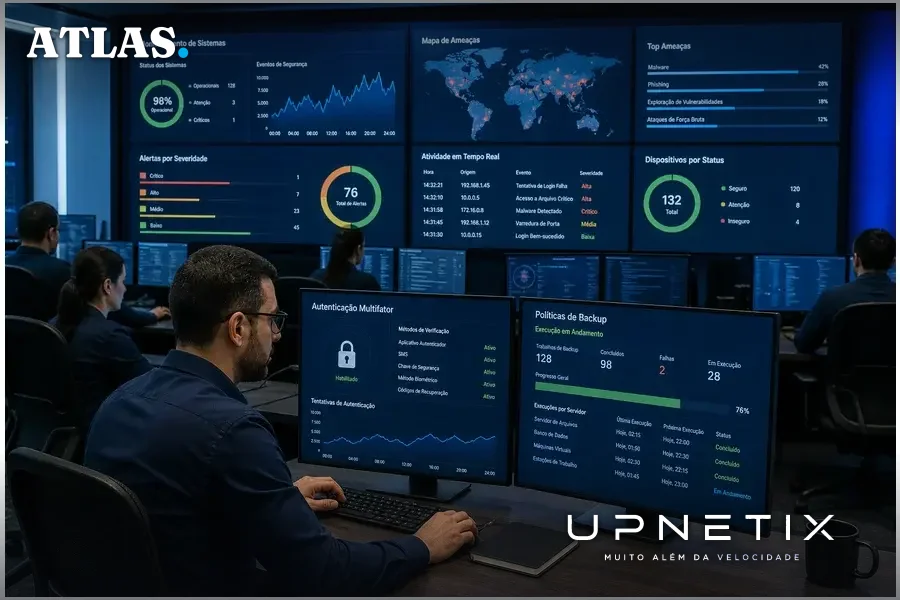 Centro de operações de segurança da informação monitorando riscos cibernéticos em tempo real