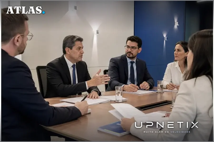 Executivos da Anatel discutindo políticas regulatórias em reunião formal, ambiente corporativo moderno e neutro.
