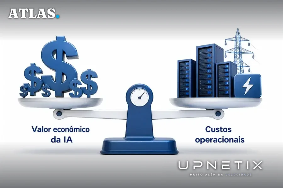 Diagrama conceitual mostrando o equilíbrio entre valor econômico da IA e custos operacionais de data centers