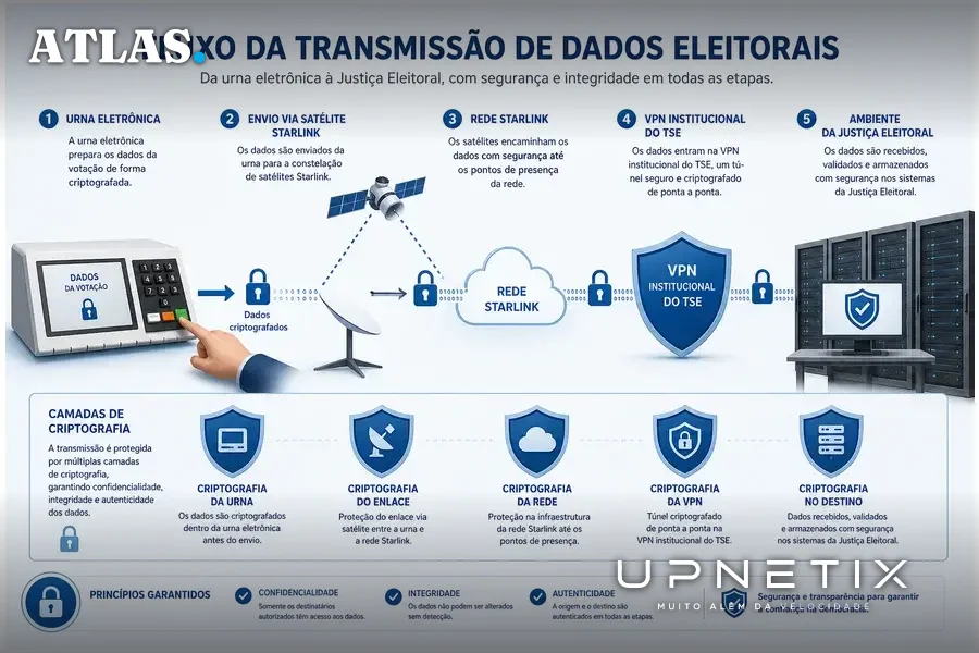 Diagrama didático do fluxo de transmissão de dados eleitorais via satélite com VPN e criptografia