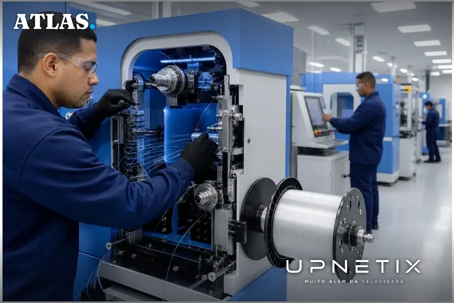 Fábrica da Lightera produzindo fibras ópticas no Brasil com operadores trabalhando