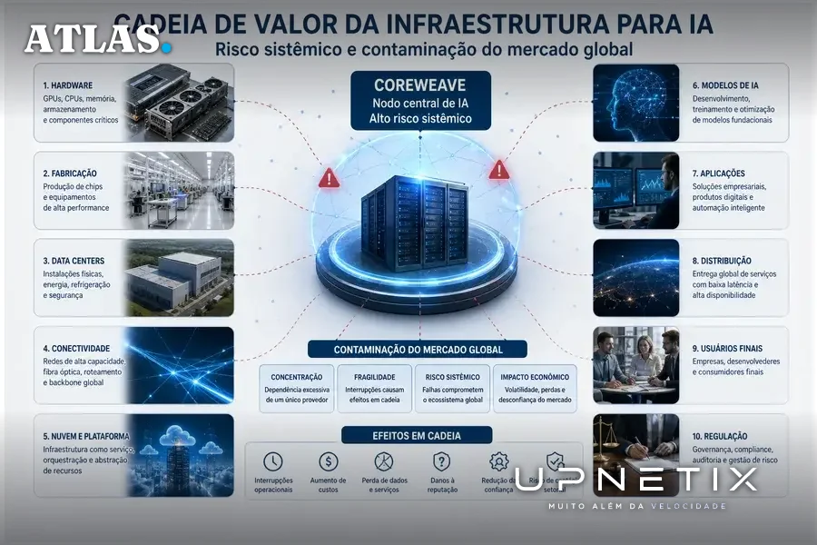 Diagrama conceitual realista da cadeia de infraestrutura de IA com destaque para CoreWeave
