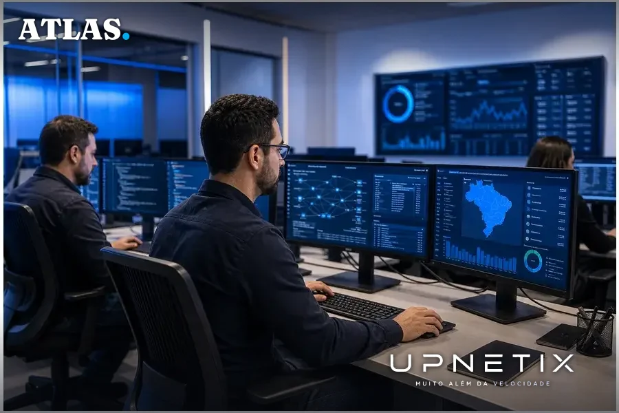 Profissionais de TI e segurança cibernética em ambiente corporativo moderno monitorando sistemas de IA.