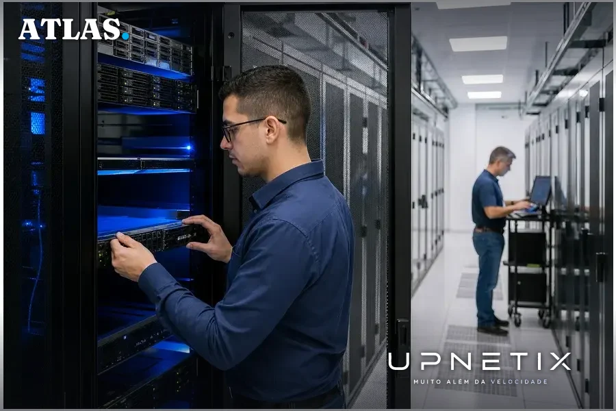 Centro de dados brasileiro moderno com técnicos operando servidores.