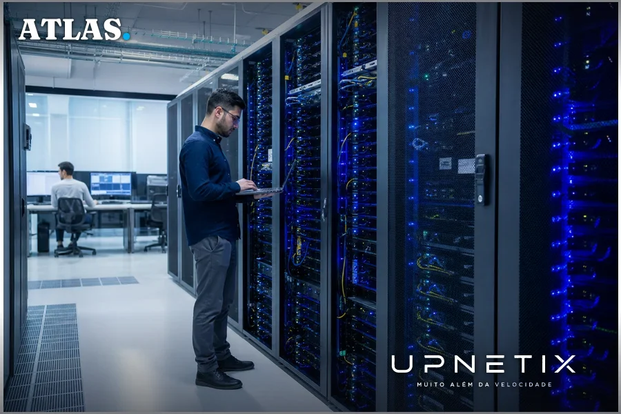 Centro de dados moderno do Google Cloud com servidores para IA e interoperabilidade.