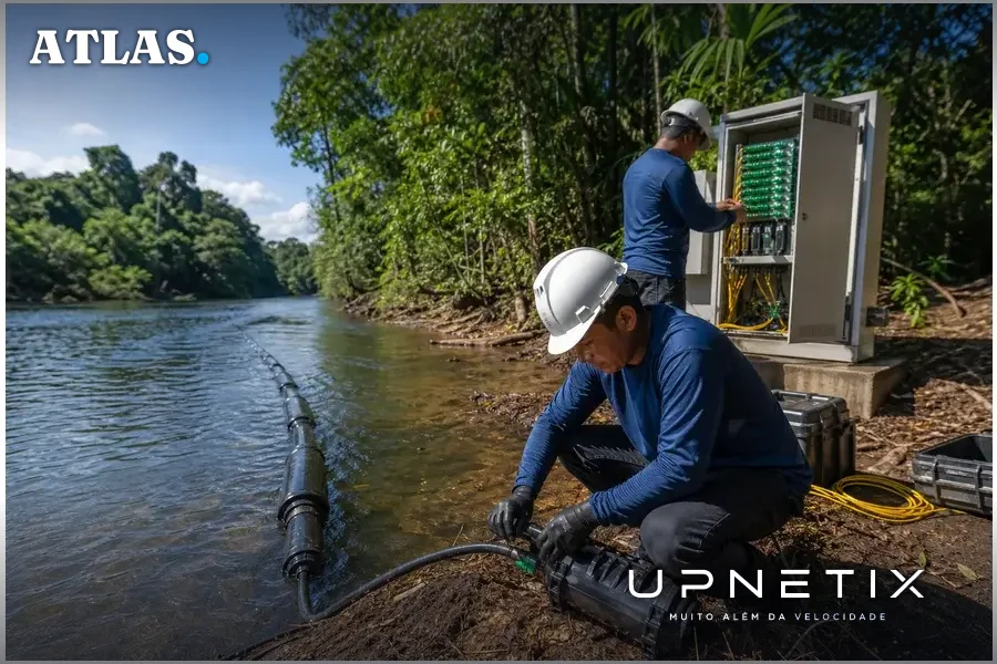 Cabo de fibra óptica instalado no leito do rio amazônico como parte da infraestrutura digital