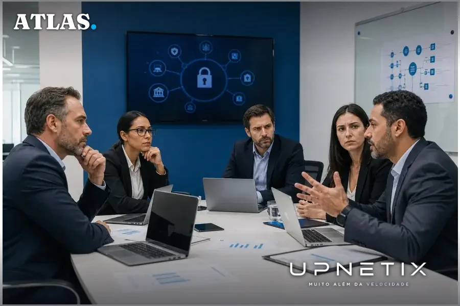 Executivos de TI e compliance em reunião corporativa discutindo segurança digital.