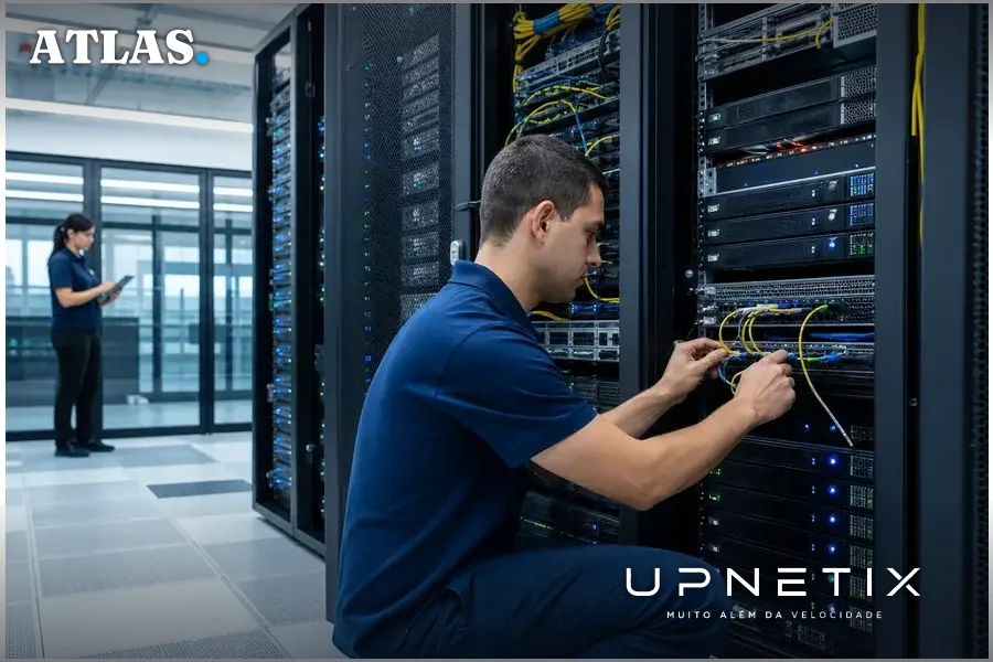 Data center moderno com múltiplos racks e técnicos operando equipamentos
