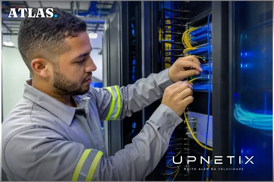 Técnico brasileiro trabalhando na infraestrutura de fibra óptica em data center