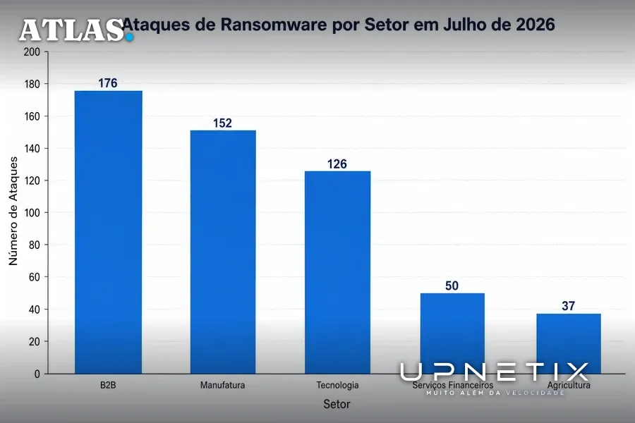 Gráfico de barras vertical mostrando número de ataques de ransomware por setor em julho de 2026 no Brasil