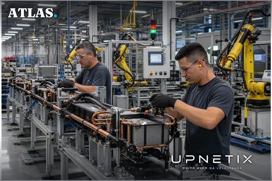 Linha de produção da Munters em Araucária fabricando equipamentos de refrigeração líquida DeltaFlow.