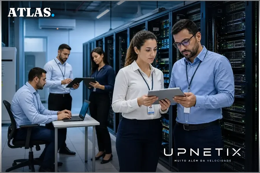 Engenheiros de TI da Vivo e Amdocs em sala de servidores moderna durante atualização do OSS.