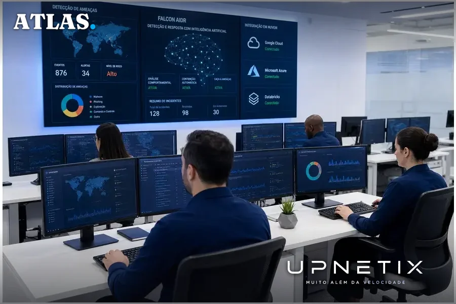 Equipe de segurança cibernética monitorando sistemas integrados de detecção e resposta a ameaças em ambiente moderno.