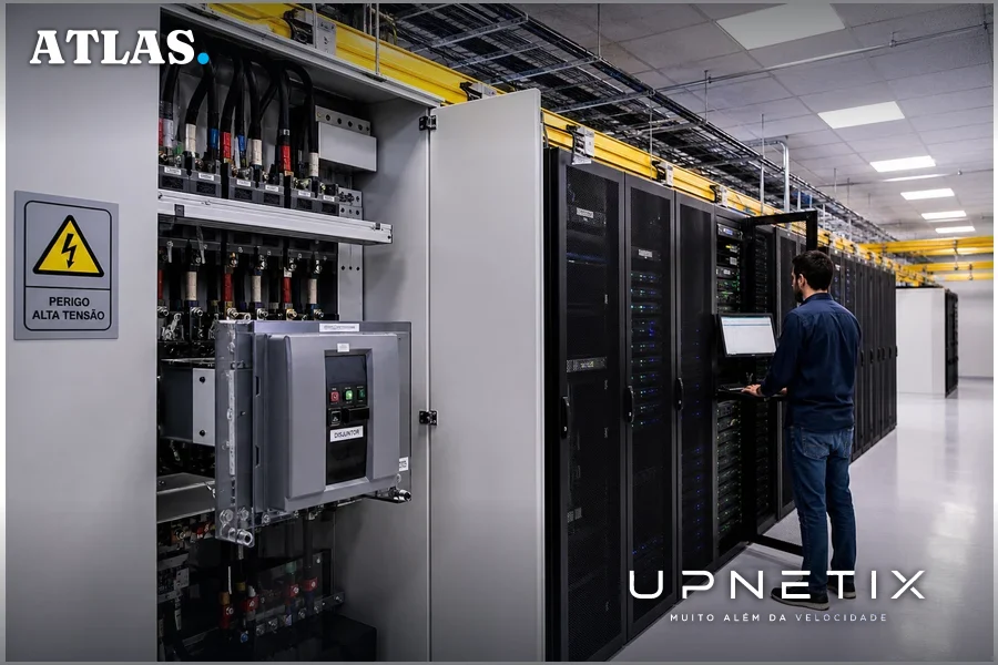 Interior realista de data center com servidores e equipamentos elétricos na Virgínia