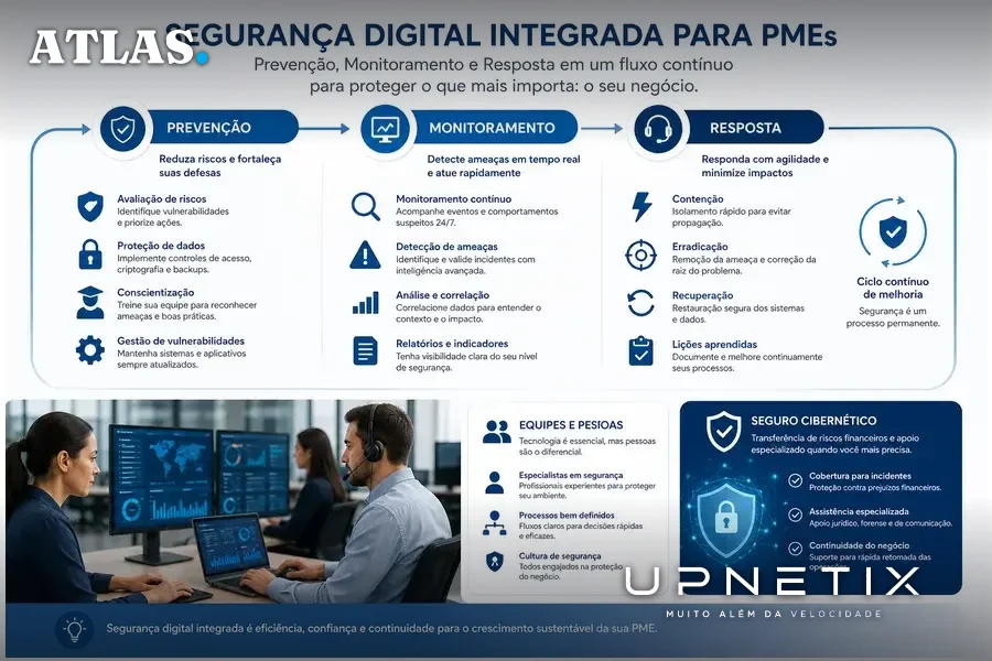 Diagrama ilustrativo do fluxo de prevenção, monitoramento e resposta em segurança digital para PMEs.