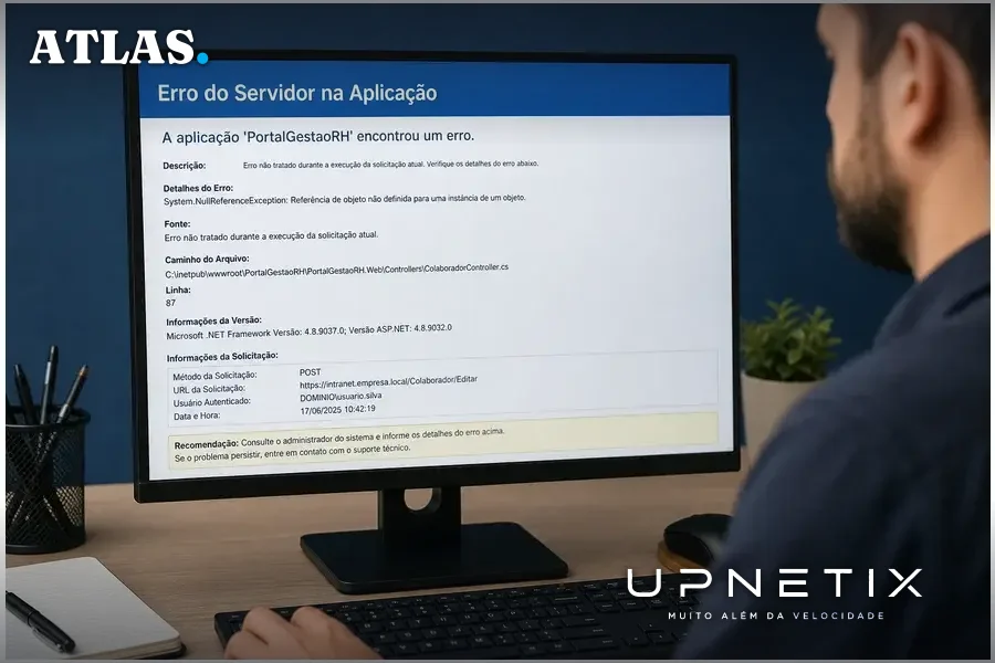 Tela de computador com mensagem de erro detalhada mostrando caminho de arquivo e nome de aplicação .NET