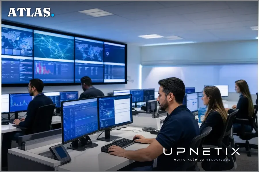 Centro de operações de segurança (SOC) em empresa brasileira, mostrando equipe em ação.