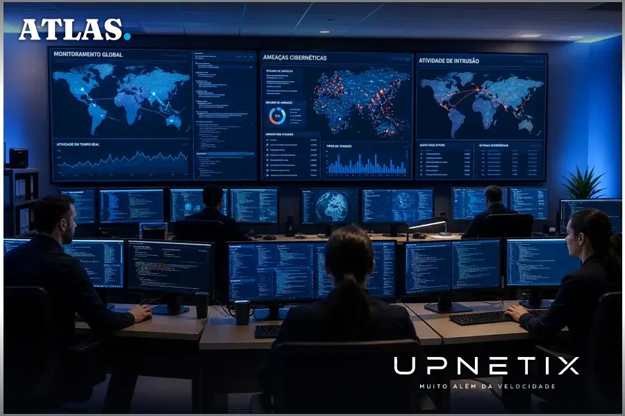 Sala de operações de cibersegurança com múltiplas telas e mapas, representando ataque global de ransomware.