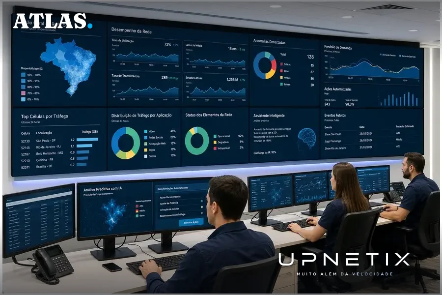 Sala de controle de rede da TIM com operadores monitorando a gestão automatizada do 5G.