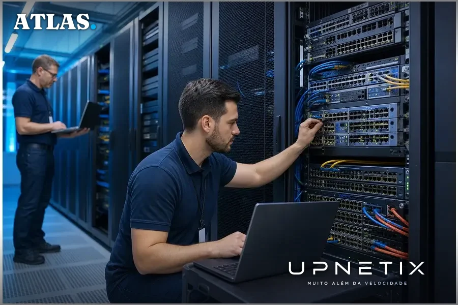 Técnicos de TI trabalhando em switches Cisco Nexus 3000 e 9000 em data center moderno.