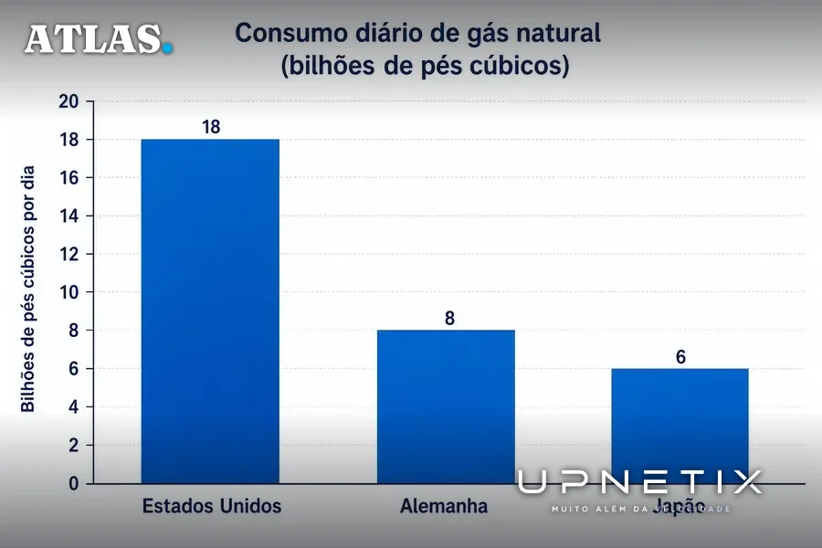 Gráfico comparativo do consumo de gás natural entre EUA e Alemanha+Japão.
