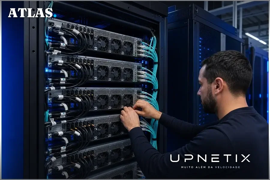 Rack de data center com múltiplas GPUs e centenas de cabos de fibra óptica conectados em ambiente realista e corporativo.