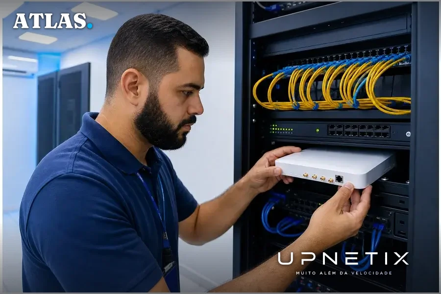 Técnico de TI configurando equipamento UniFi 5G Max em rack de servidores