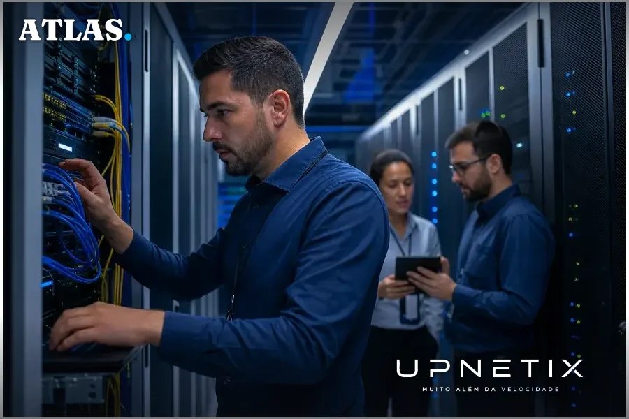 Data center corporativo com servidores e técnicos discutindo em segundo plano